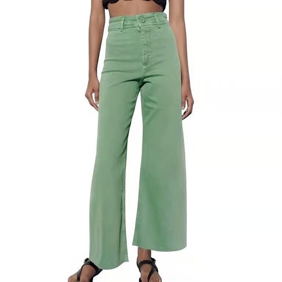 Zara The Marine High-Rise Straight Wide Leg Raw Hem Lime Green 4 - Picture 2 of 10